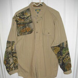 Cabela's tan and camo men's hunting long sleeved shirt, brushed cotton. Large.
